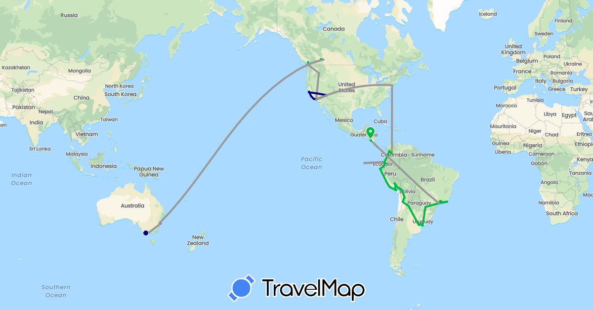 TravelMap itinerary: driving, bus, plane, train, boat in Argentina, Australia, Bolivia, Brazil, Canada, Colombia, Ecuador, Nicaragua, Peru, United States, Uruguay (North America, Oceania, South America)